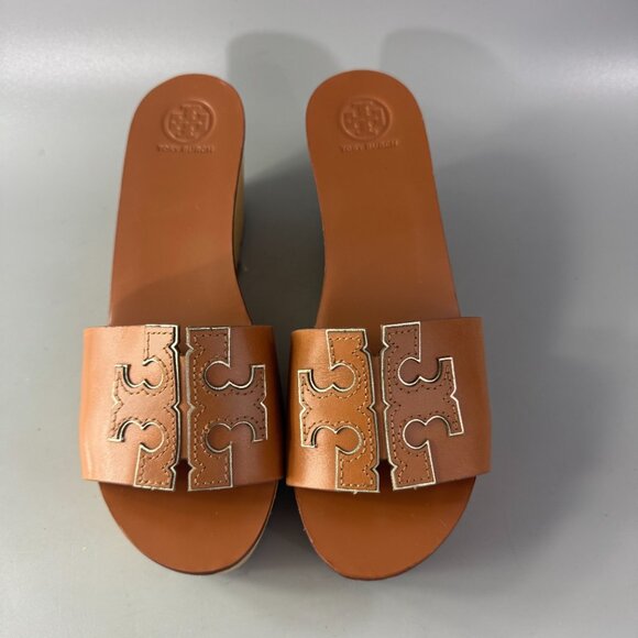 Tory Burch INES Wedge/Slide TAN/ SPARK GOLD Size 6.5 - Picture 4 of 13